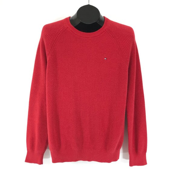 Tommy Hilfiger Crew Neck Rib Knit Sweater Men's Medium Red 100% Cotton Holiday - Picture 1 of 10
